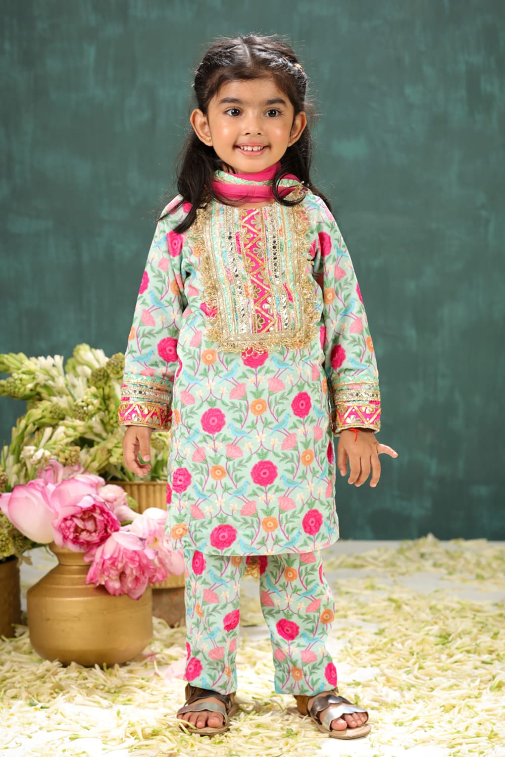 Velvet Sage Green Tota & Phool Print Suit Set – Green Kids Kurta Set | PNK – Isha Arora India