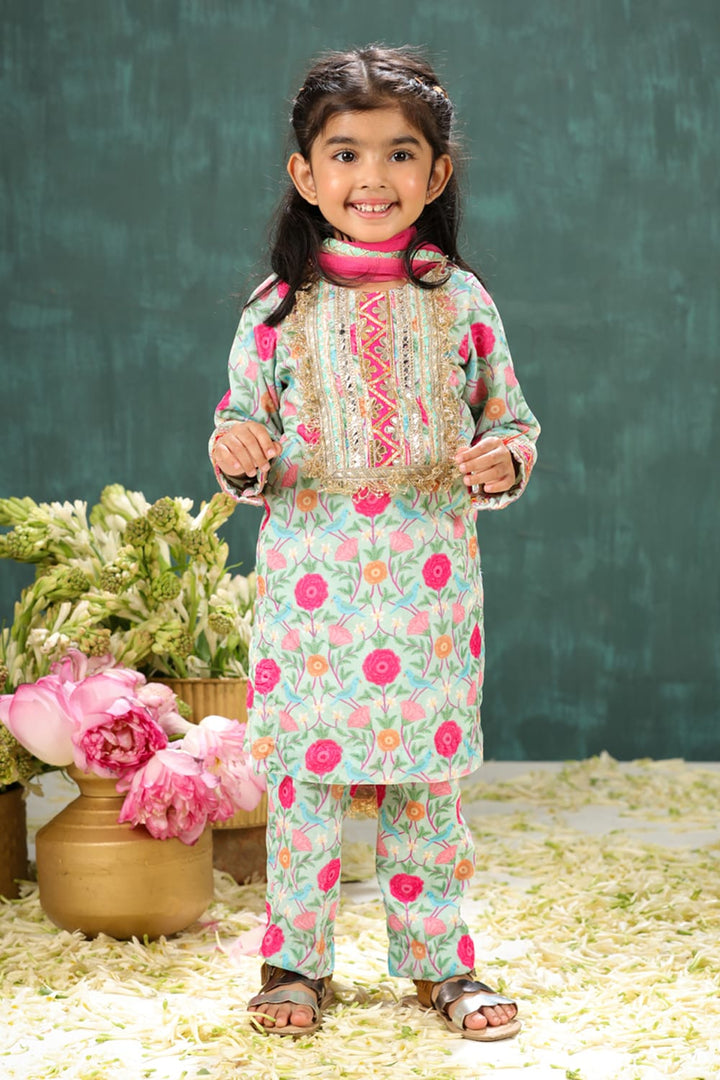 Velvet Sage Green Tota & Phool Print Suit Set – Green Kids Kurta Set | PNK – Isha Arora India