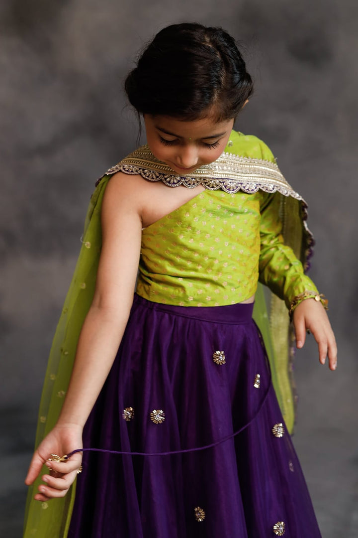 Lime Green and Purple Lehenga Set – Green Kids Lehenga Set | PNK – Isha Arora India