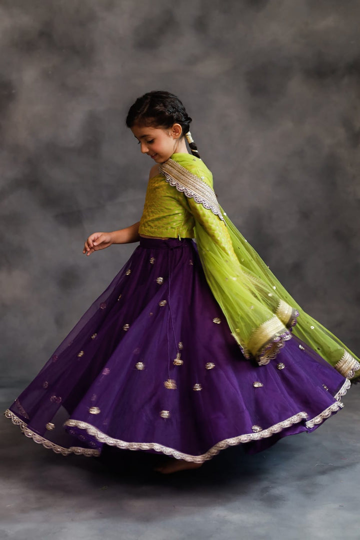 Lime Green and Purple Lehenga Set – Green Kids Lehenga Set | PNK – Isha Arora India