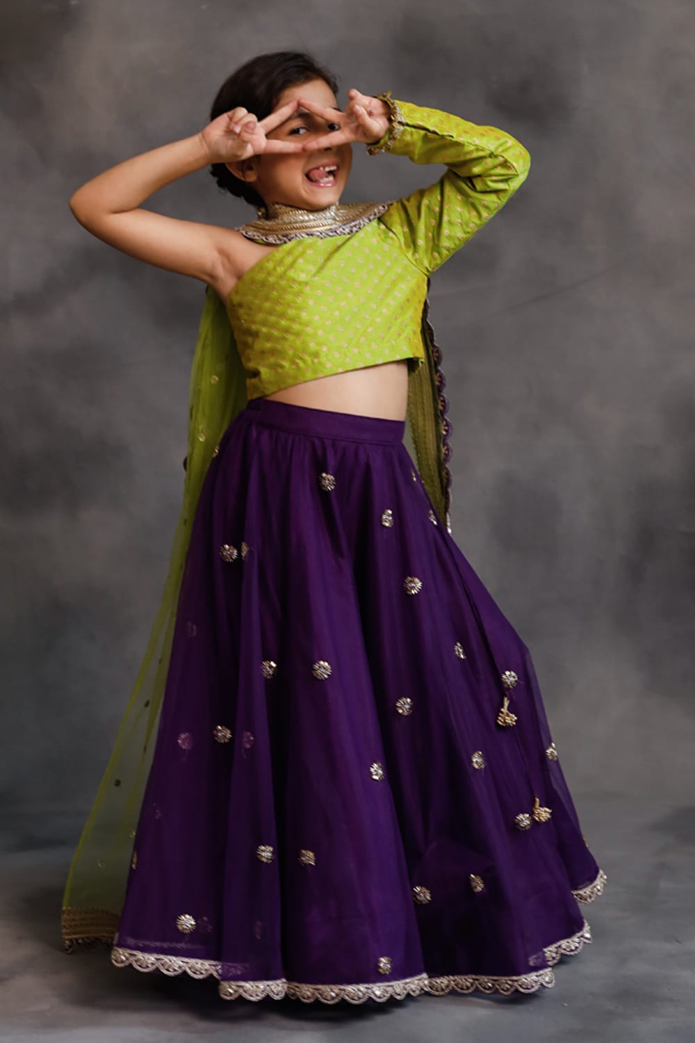Lime Green and Purple Lehenga Set – Green Kids Lehenga Set | PNK – Isha Arora India