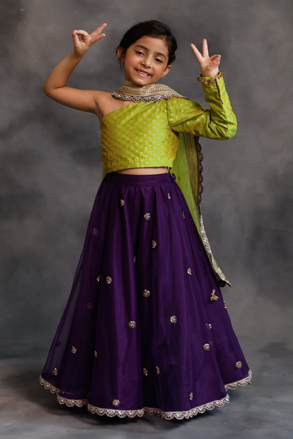 Lime Green and Purple Lehenga Set – Green Kids Lehenga Set | PNK – Isha Arora India