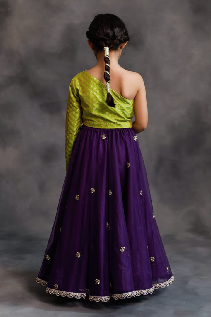 Lime Green and Purple Lehenga Set – Green Kids Lehenga Set | PNK – Isha Arora India