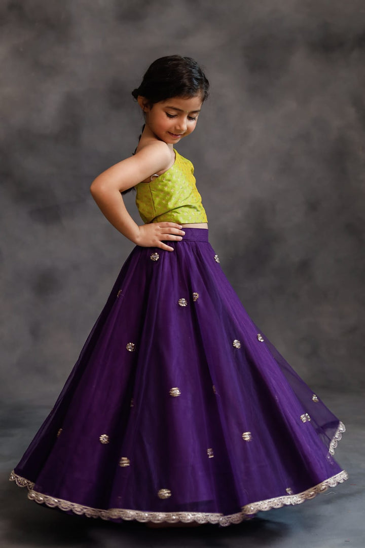 Lime Green and Purple Lehenga Set – Green Kids Lehenga Set | PNK – Isha Arora India