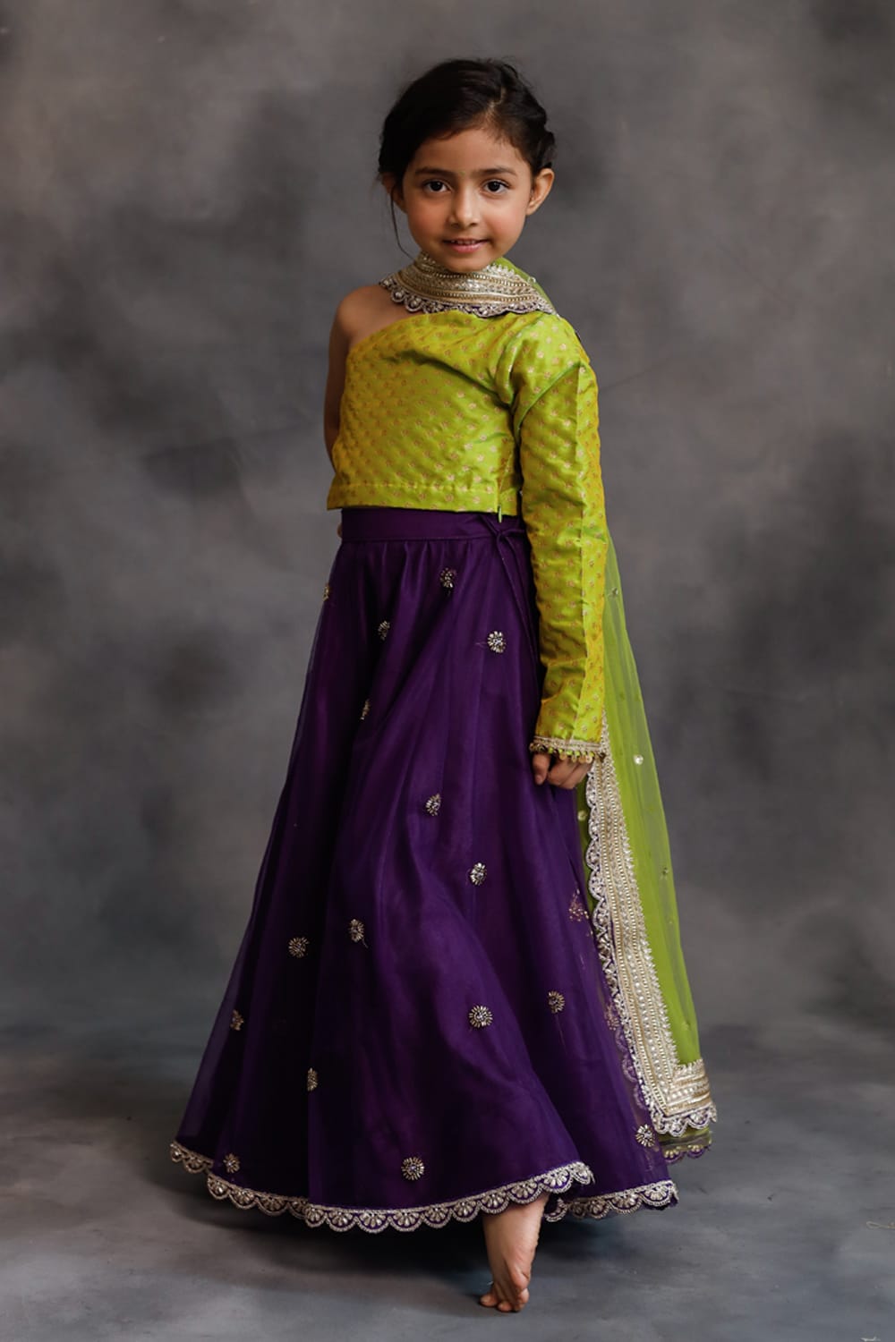 Lime Green and Purple Lehenga Set – Green Kids Lehenga Set | PNK – Isha Arora India