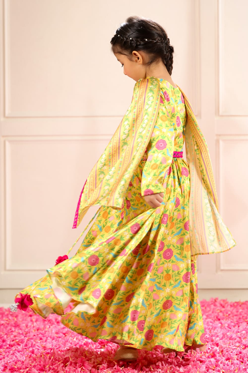 Peela All Over Tota & Phool Print Set – Yellow Kids Lehenga Set | PNK – Isha Arora India
