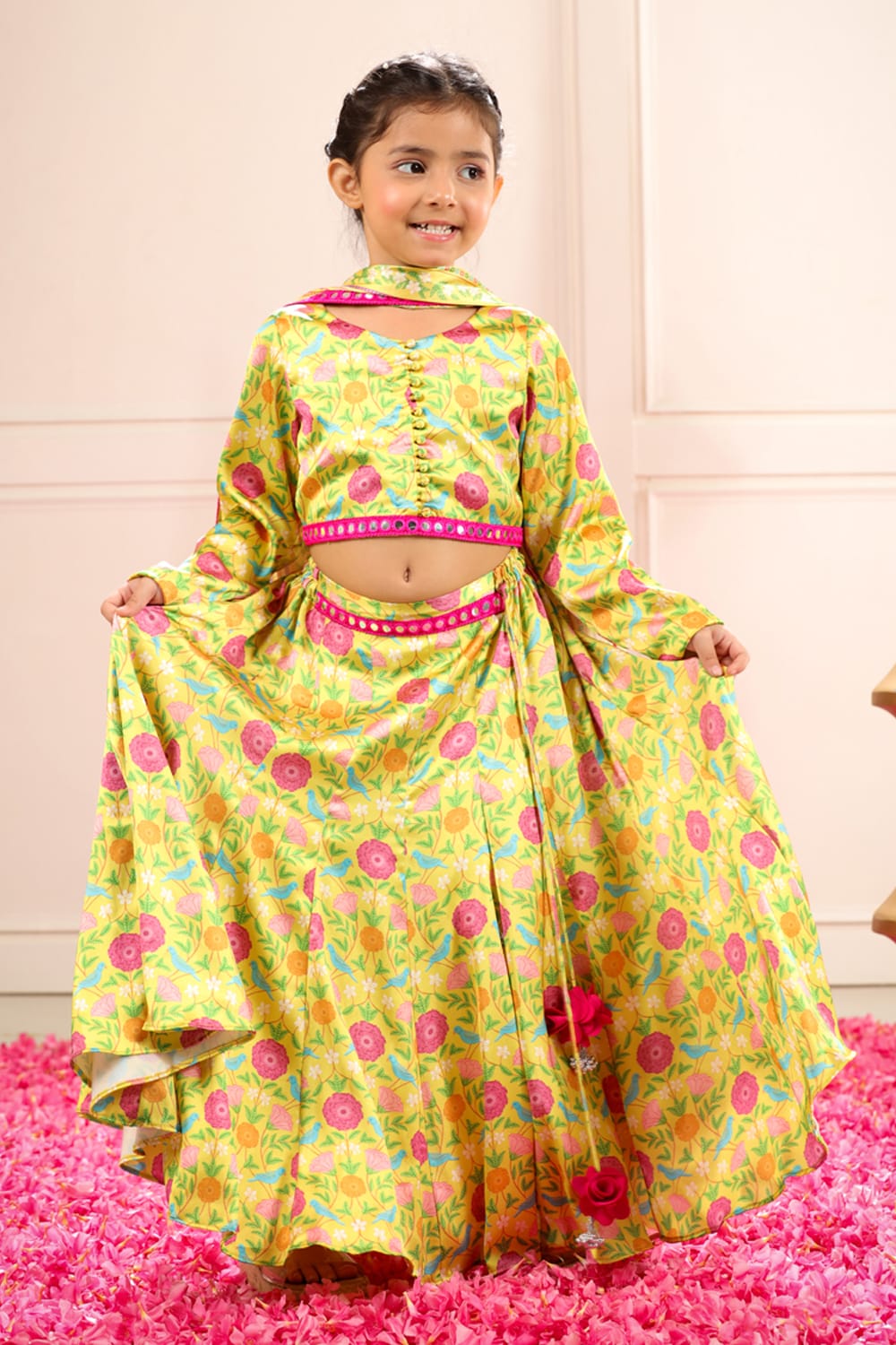 Peela All Over Tota & Phool Print Set – Yellow Kids Lehenga Set | PNK – Isha Arora India