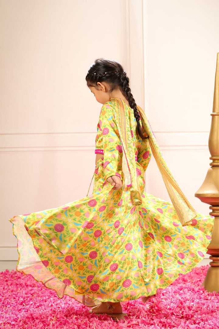 Peela All Over Tota & Phool Print Set – Yellow Kids Lehenga Set | PNK – Isha Arora India