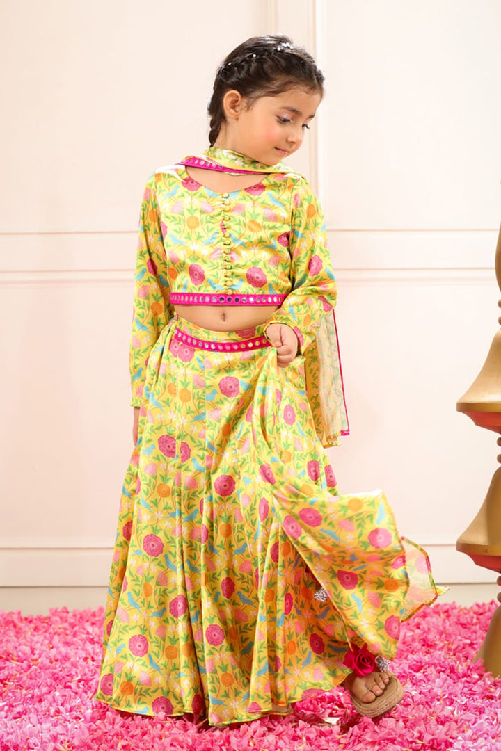 Peela All Over Tota & Phool Print Set – Yellow Kids Lehenga Set | PNK – Isha Arora India