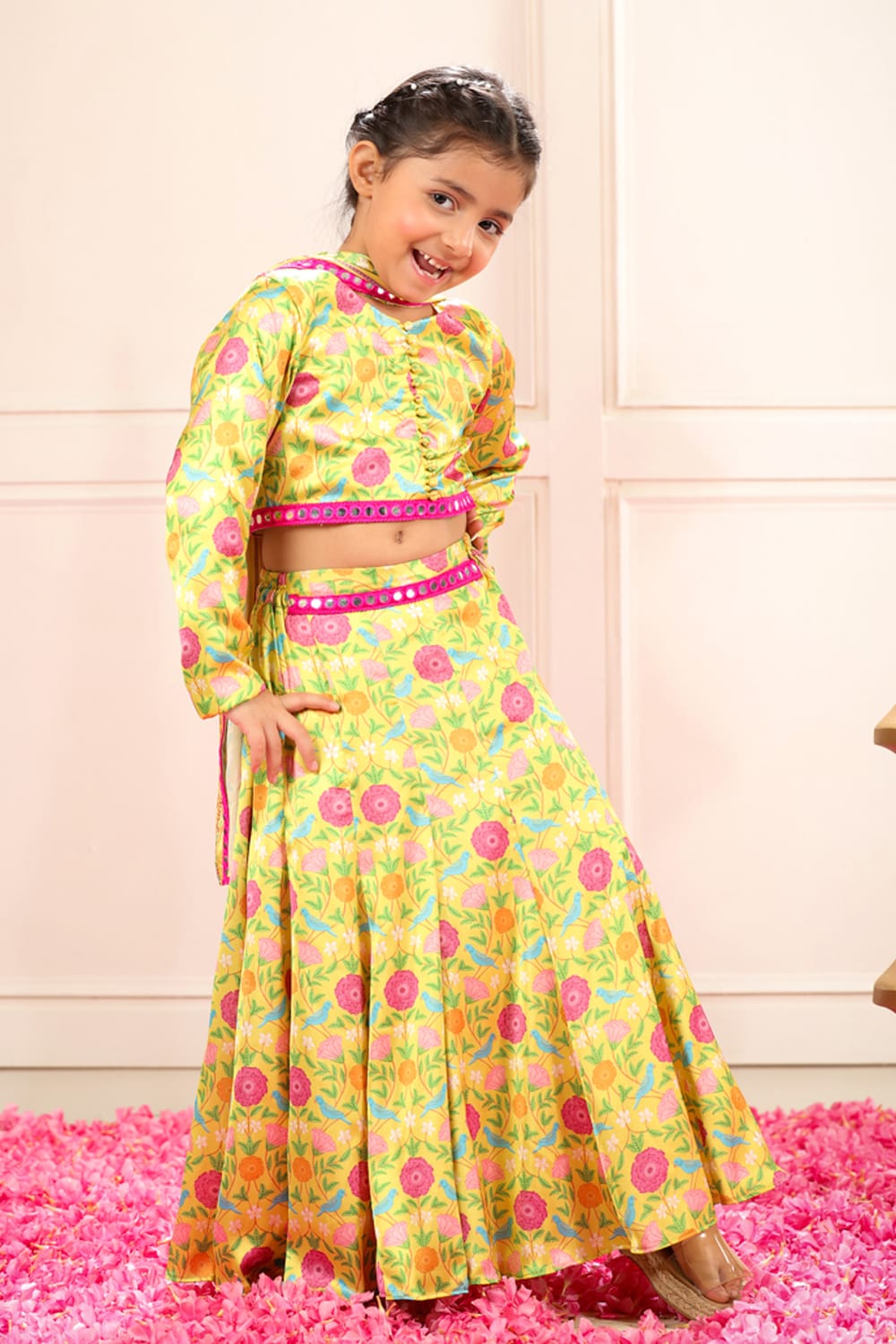 Peela All Over Tota & Phool Print Set – Yellow Kids Lehenga Set | PNK – Isha Arora India