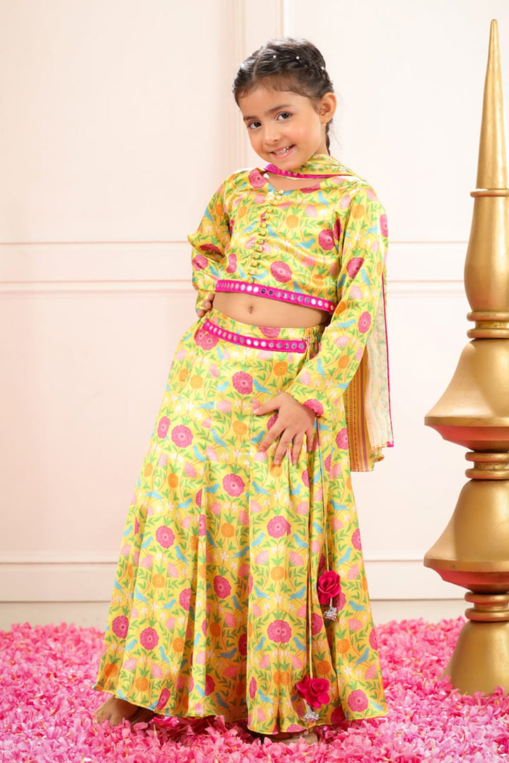 Peela All Over Tota & Phool Print Set – Yellow Kids Lehenga Set | PNK – Isha Arora India