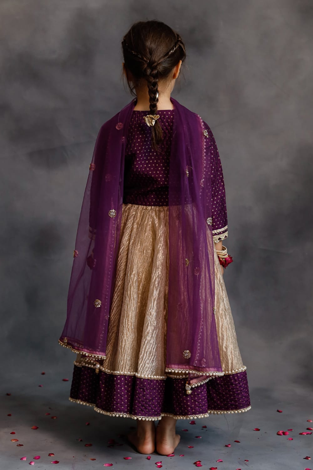 Purple Blouse & Gold Tissue Lehenga Set – Purple Kids Lehenga Set | PNK – Isha Arora India