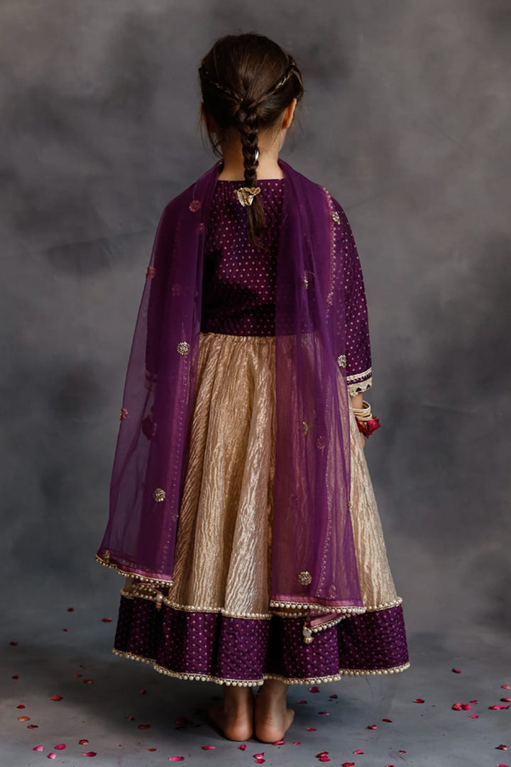 Purple Blouse & Gold Tissue Lehenga Set – Purple Kids Lehenga Set | PNK – Isha Arora India
