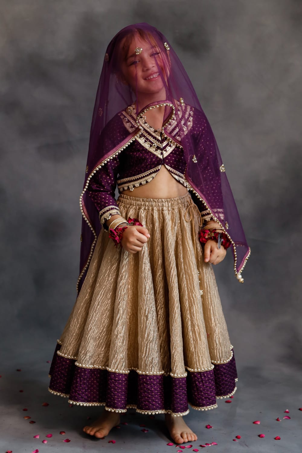 Purple Blouse & Gold Tissue Lehenga Set – Purple Kids Lehenga Set | PNK – Isha Arora India