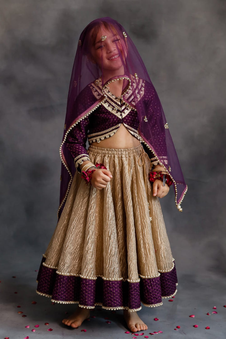 Purple Blouse & Gold Tissue Lehenga Set – Purple Kids Lehenga Set | PNK – Isha Arora India