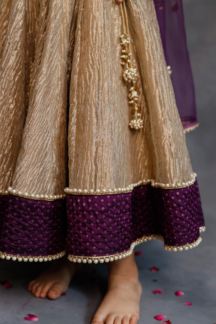Purple Blouse & Gold Tissue Lehenga Set – Purple Kids Lehenga Set | PNK – Isha Arora India