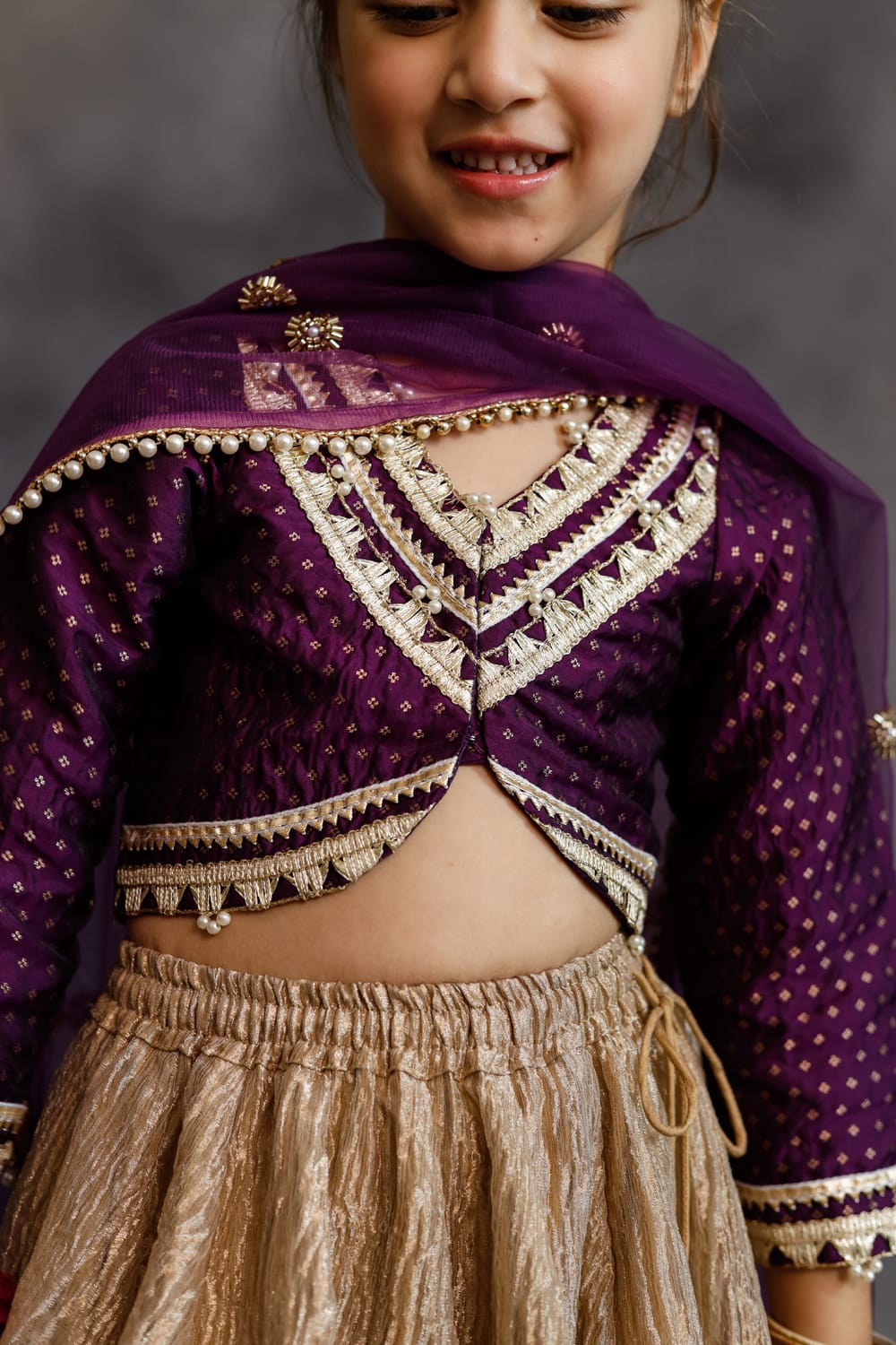 Purple Blouse & Gold Tissue Lehenga Set – Purple Kids Lehenga Set | PNK – Isha Arora India