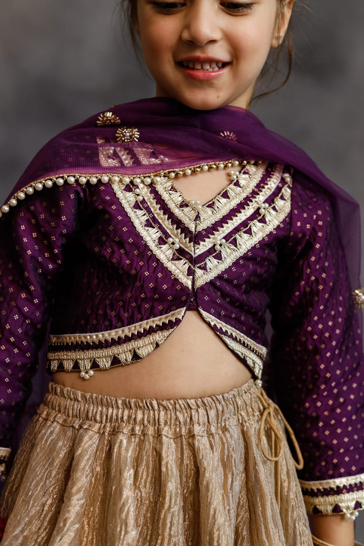 Purple Blouse & Gold Tissue Lehenga Set – Purple Kids Lehenga Set | PNK – Isha Arora India