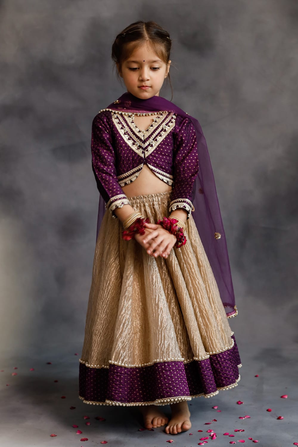 Purple Blouse & Gold Tissue Lehenga Set – Purple Kids Lehenga Set | PNK – Isha Arora India