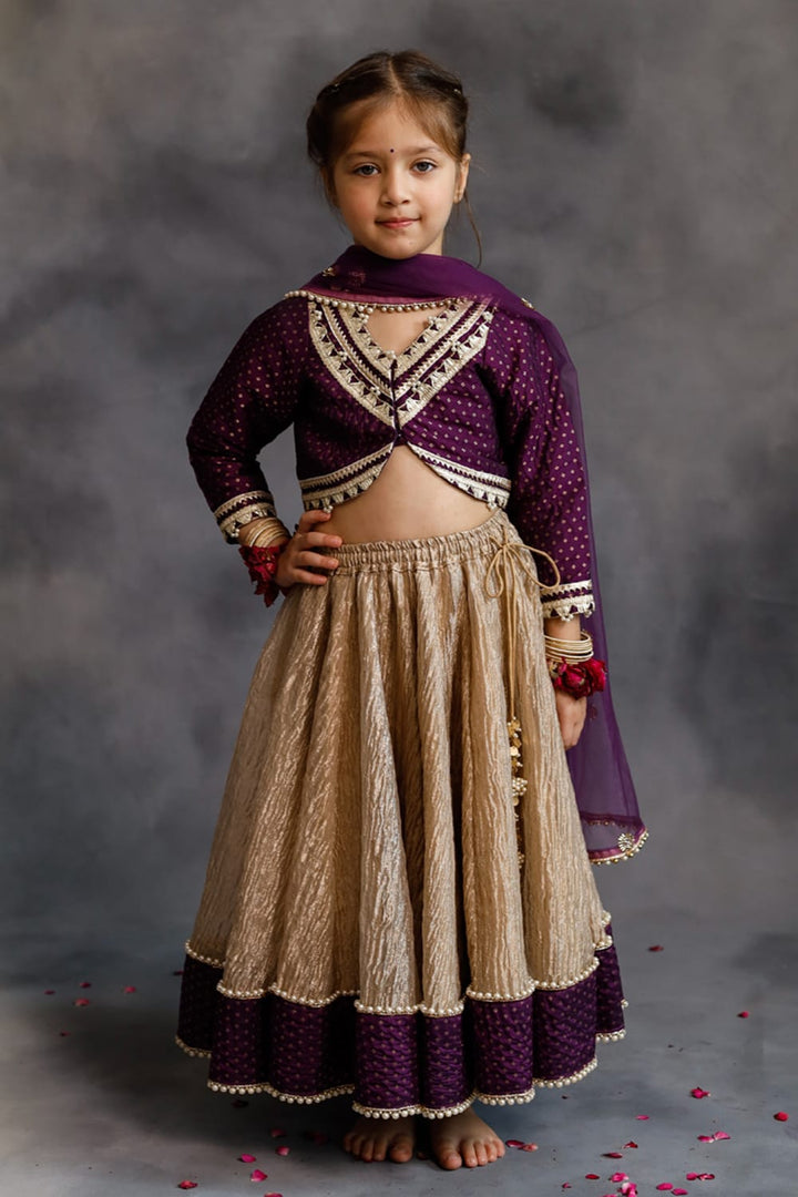 Purple Blouse & Gold Tissue Lehenga Set – Purple Kids Lehenga Set | PNK – Isha Arora India