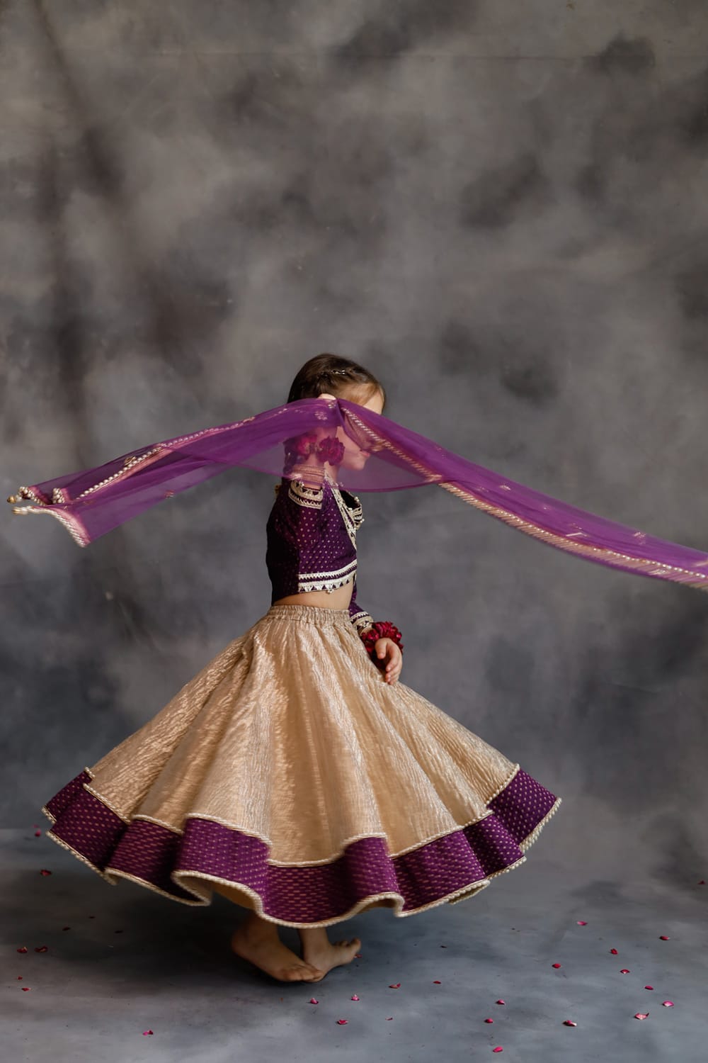 Purple Blouse & Gold Tissue Lehenga Set – Purple Kids Lehenga Set | PNK – Isha Arora India