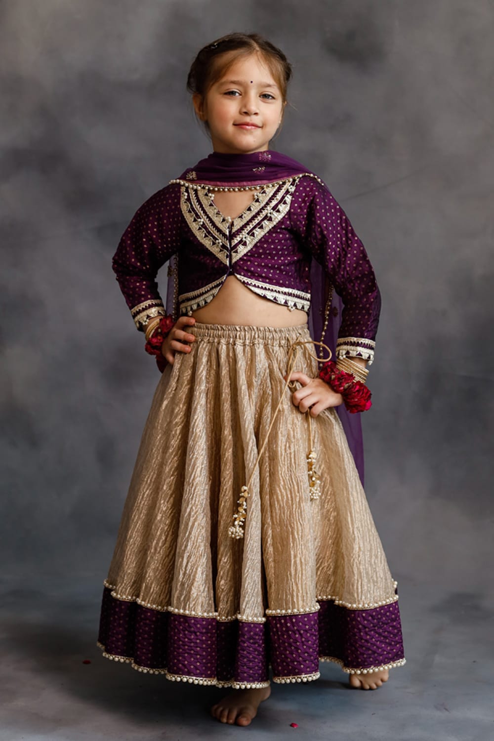Purple Blouse & Gold Tissue Lehenga Set – Purple Kids Lehenga Set | PNK – Isha Arora India