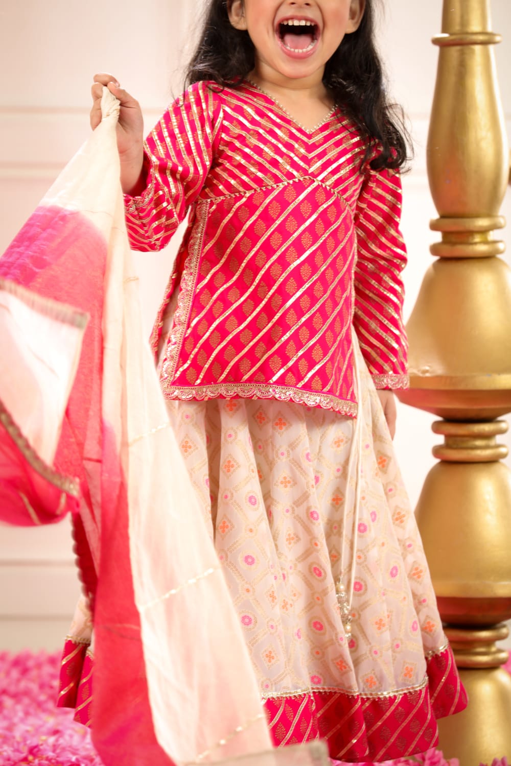 Rajasthani Style Blouse With White Gharara Set – Pink Kids Lehenga Set | PNK – Isha Arora India