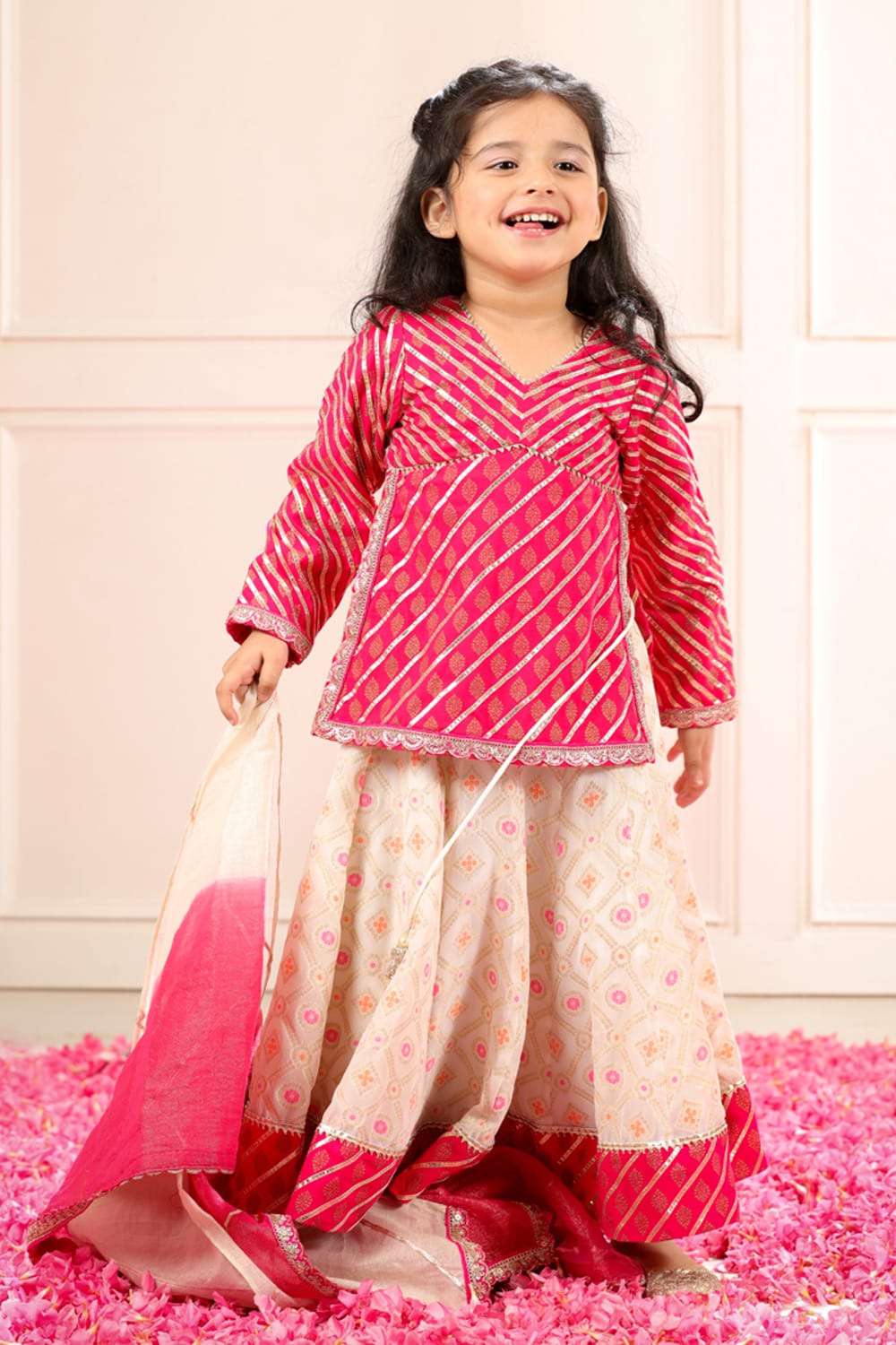 Rajasthani Style Blouse With White Gharara Set – Pink Kids Lehenga Set | PNK – Isha Arora India
