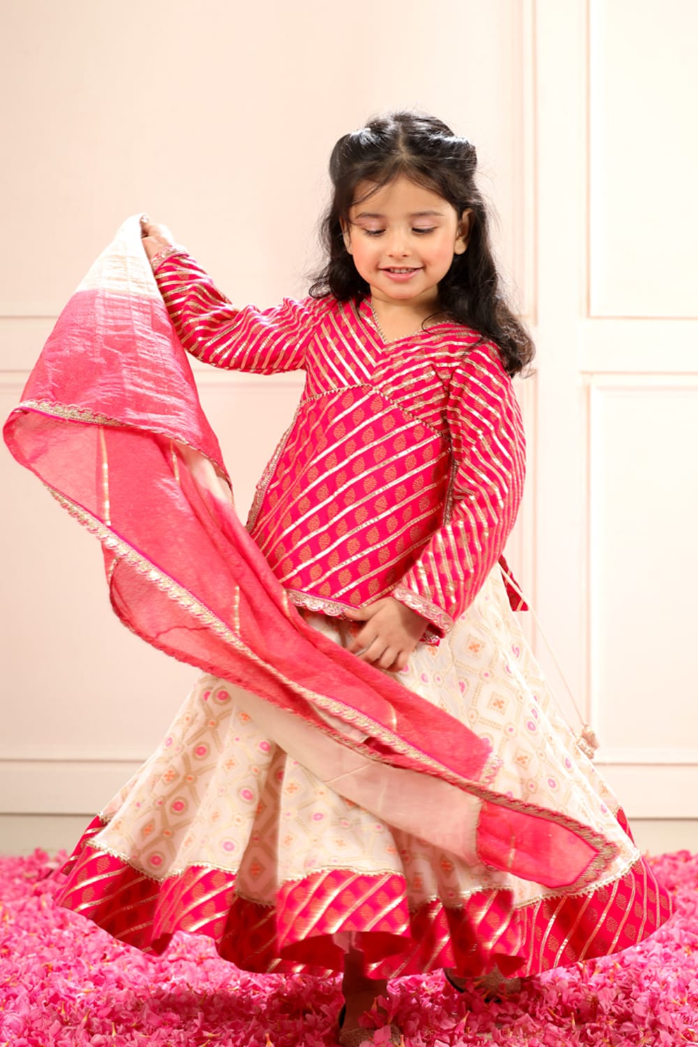 Rajasthani Style Blouse With White Gharara Set – Pink Kids Lehenga Set | PNK – Isha Arora India