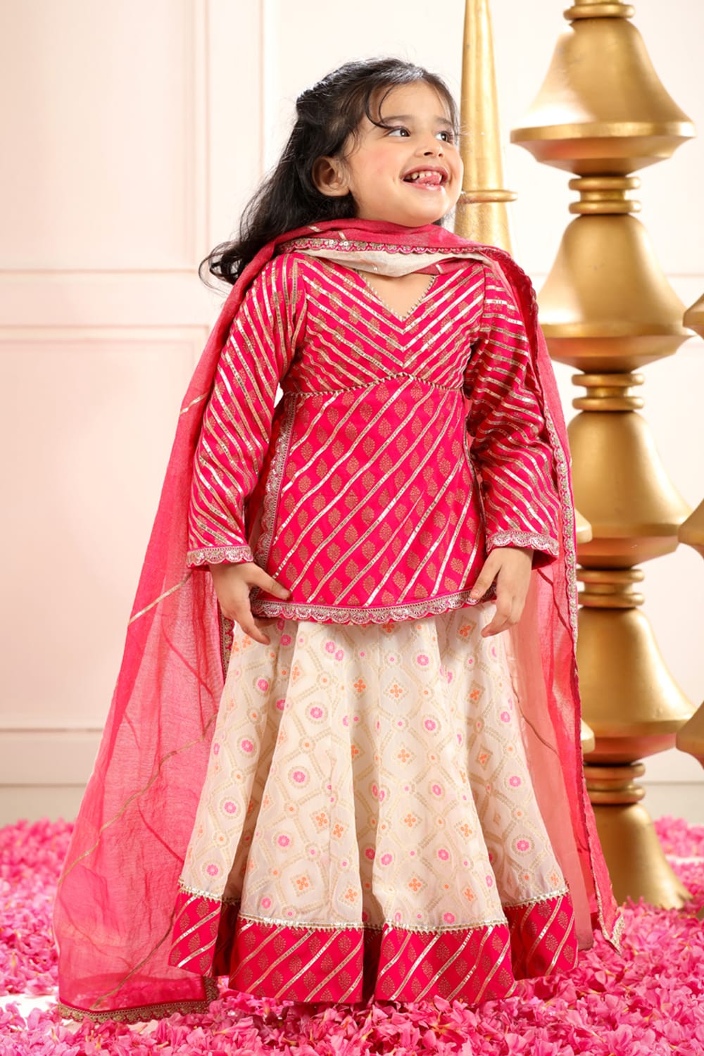 Rajasthani Style Blouse With White Gharara Set – Pink Kids Lehenga Set | PNK – Isha Arora India