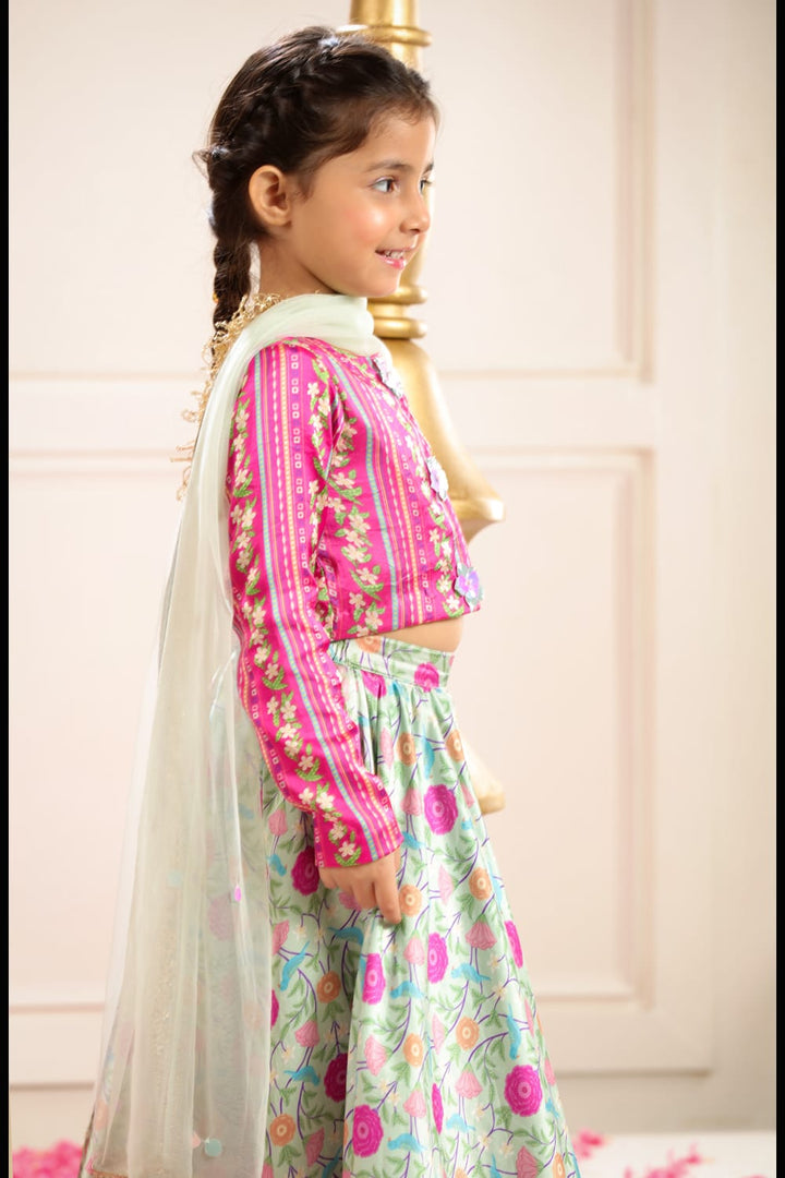 Sage Green Print Lehenga With Coordinated Stripe Blouse Set – Green Kids Lehenga Set | PNK – Isha Arora India