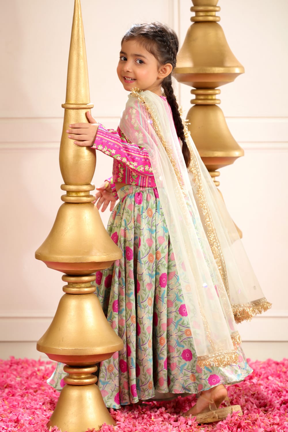 Sage Green Print Lehenga With Coordinated Stripe Blouse Set – Green Kids Lehenga Set | PNK – Isha Arora India