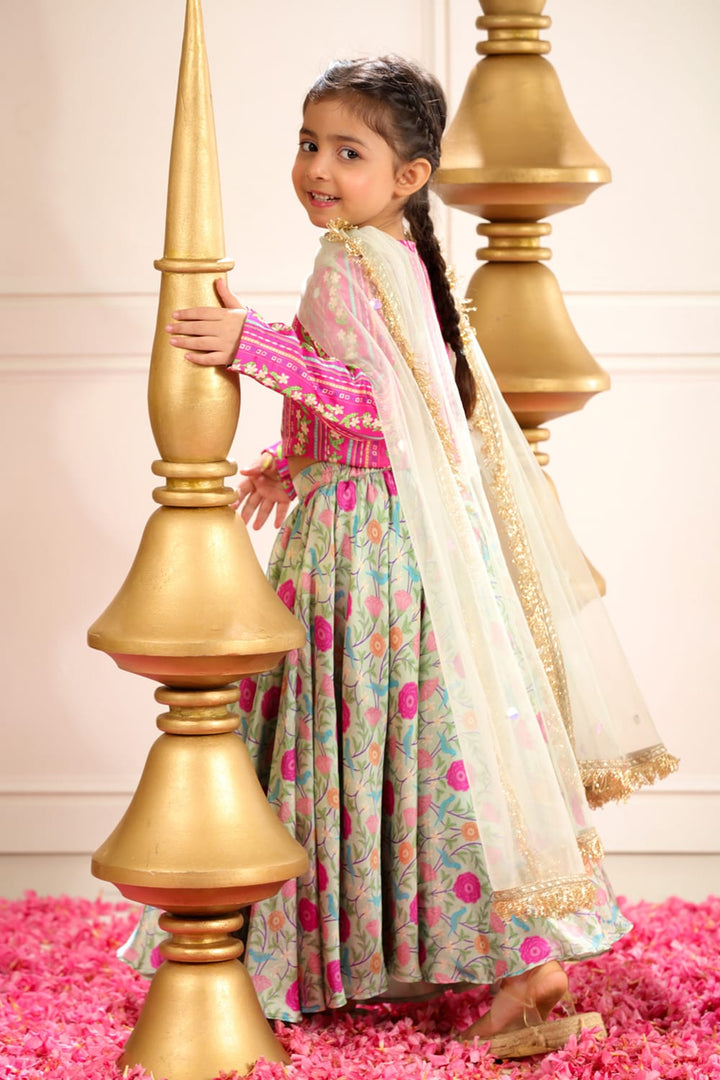 Sage Green Print Lehenga With Coordinated Stripe Blouse Set – Green Kids Lehenga Set | PNK – Isha Arora India