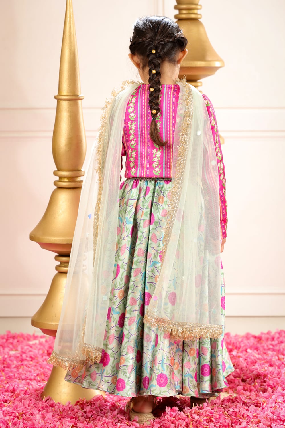 Sage Green Print Lehenga With Coordinated Stripe Blouse Set – Green Kids Lehenga Set | PNK – Isha Arora India