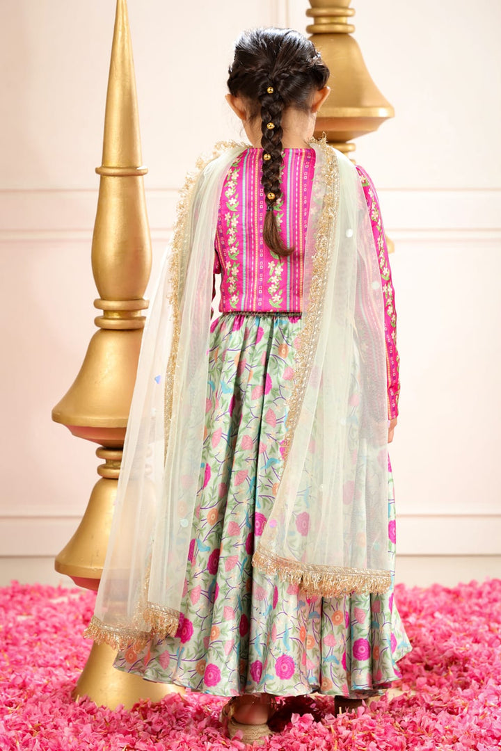Sage Green Print Lehenga With Coordinated Stripe Blouse Set – Green Kids Lehenga Set | PNK – Isha Arora India