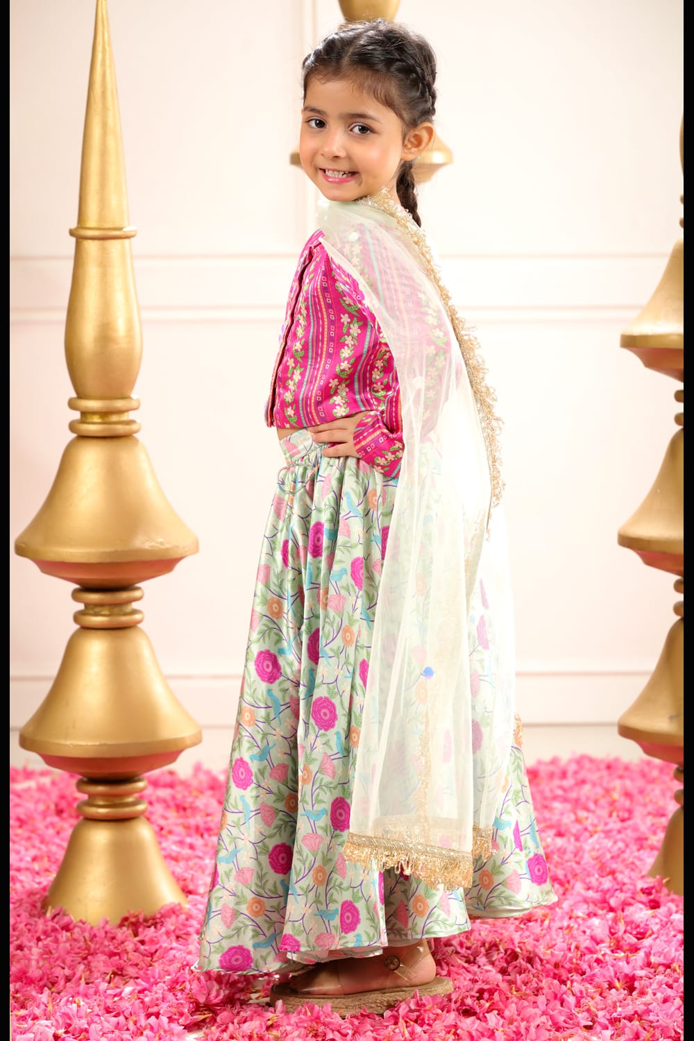 Sage Green Print Lehenga With Coordinated Stripe Blouse Set – Green Kids Lehenga Set | PNK – Isha Arora India