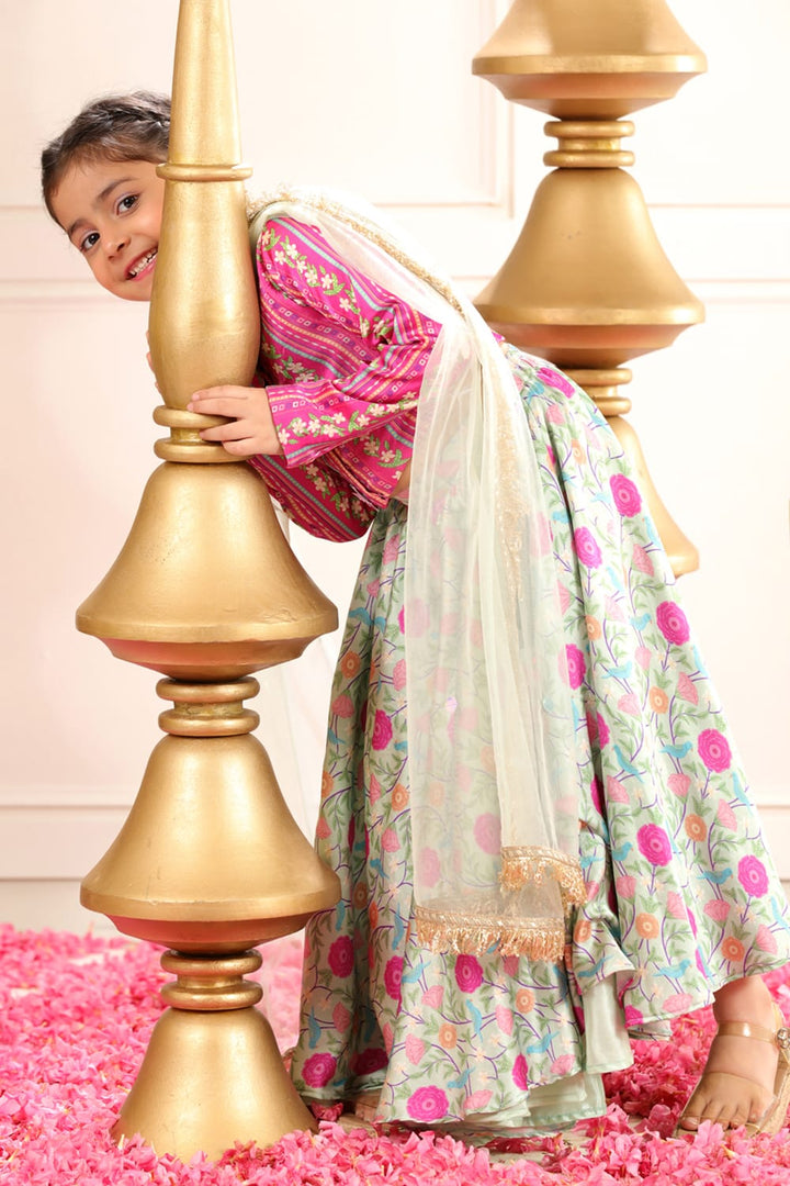 Sage Green Print Lehenga With Coordinated Stripe Blouse Set – Green Kids Lehenga Set | PNK – Isha Arora India