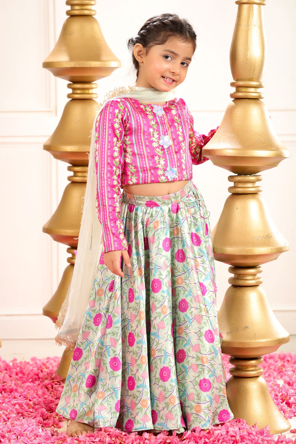 Sage Green Print Lehenga With Coordinated Stripe Blouse Set – Green Kids Lehenga Set | PNK – Isha Arora India