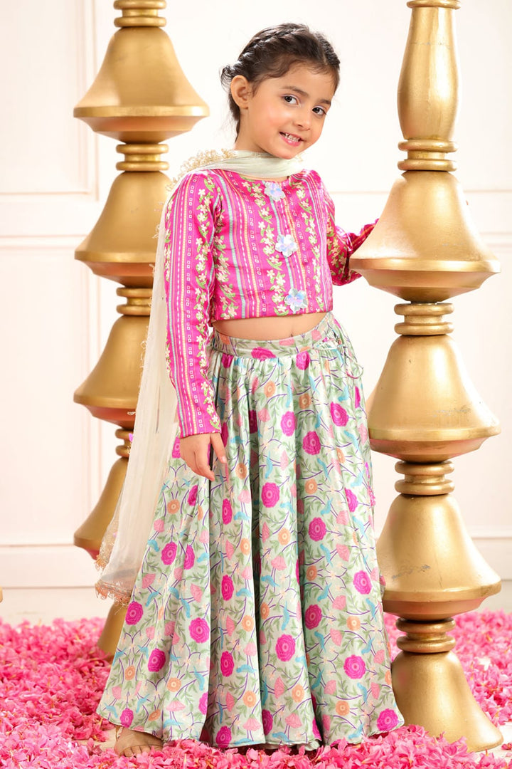 Sage Green Print Lehenga With Coordinated Stripe Blouse Set – Green Kids Lehenga Set | PNK – Isha Arora India