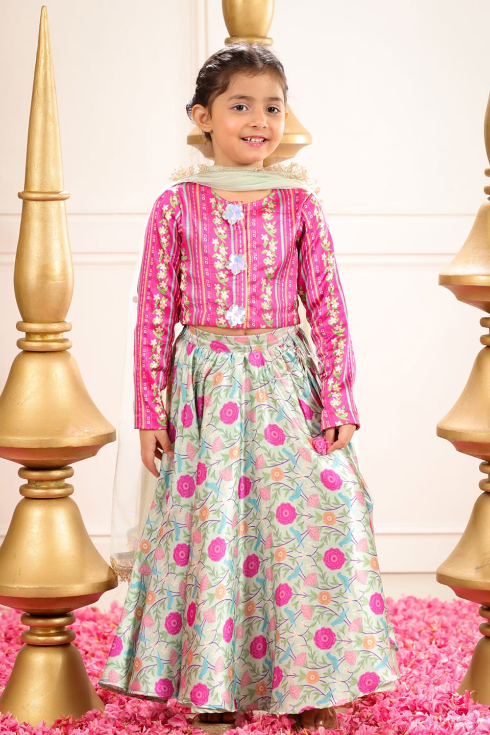 Sage Green Print Lehenga With Coordinated Stripe Blouse Set – Green Kids Lehenga Set | PNK – Isha Arora India