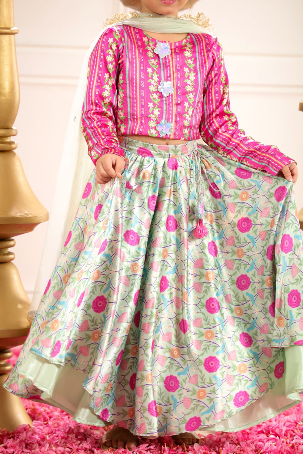 Sage Green Print Lehenga With Coordinated Stripe Blouse Set – Green Kids Lehenga Set | PNK – Isha Arora India