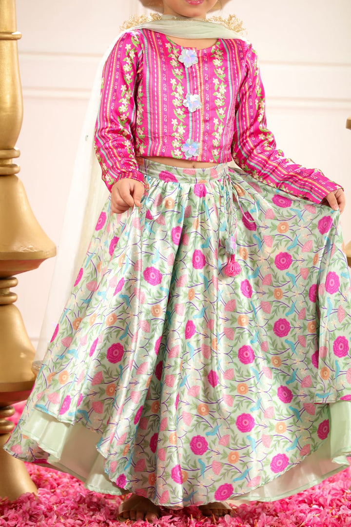 Sage Green Print Lehenga With Coordinated Stripe Blouse Set – Green Kids Lehenga Set | PNK – Isha Arora India