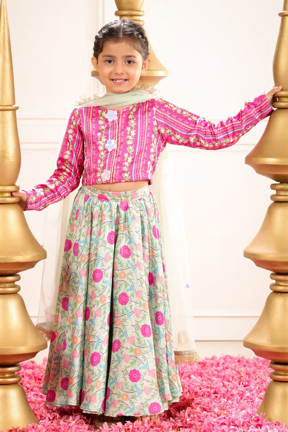 Sage Green Print Lehenga With Coordinated Stripe Blouse Set – Green Kids Lehenga Set | PNK – Isha Arora India