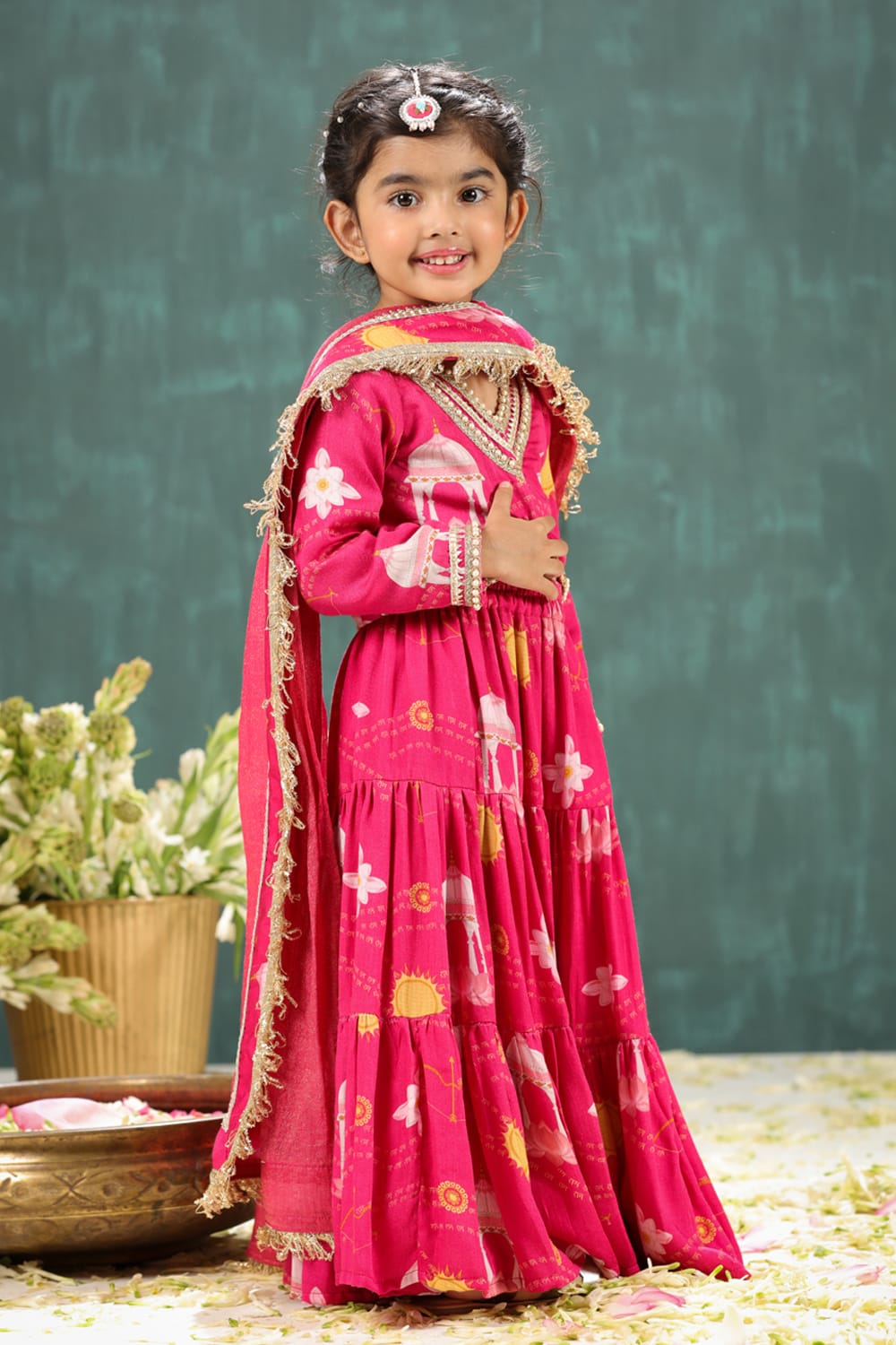 Shri Ram Print Pink Short Blouse and Lehenga Set – Pink Kids Lehenga Set | PNK – Isha Arora India