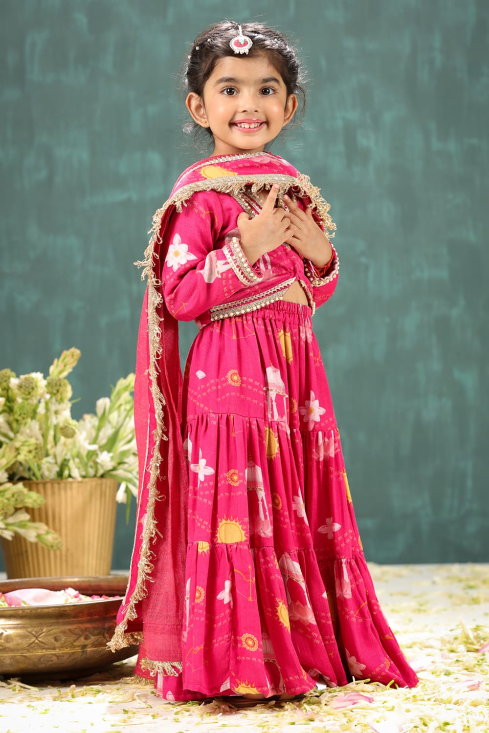 Shri Ram Print Pink Short Blouse and Lehenga Set – Pink Kids Lehenga Set | PNK – Isha Arora India