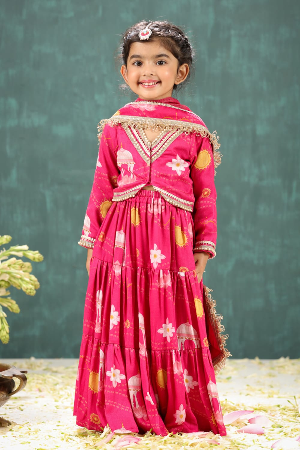 Shri Ram Print Pink Short Blouse and Lehenga Set – Pink Kids Lehenga Set | PNK – Isha Arora India