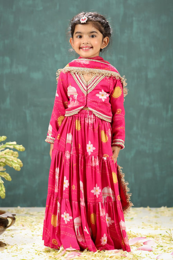 Shri Ram Print Pink Short Blouse and Lehenga Set – Pink Kids Lehenga Set | PNK – Isha Arora India