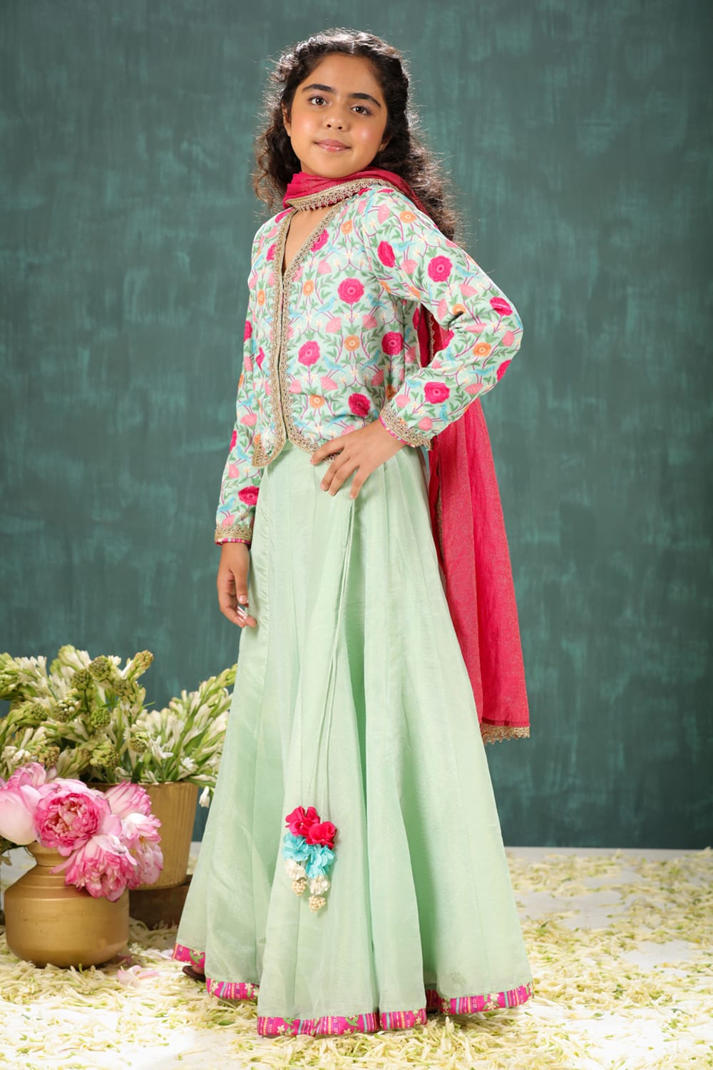 Waist Coat Style Velvet Print Blouse With Tisuue Lehenga Set – Green Kids Lehenga Set | PNK – Isha Arora India