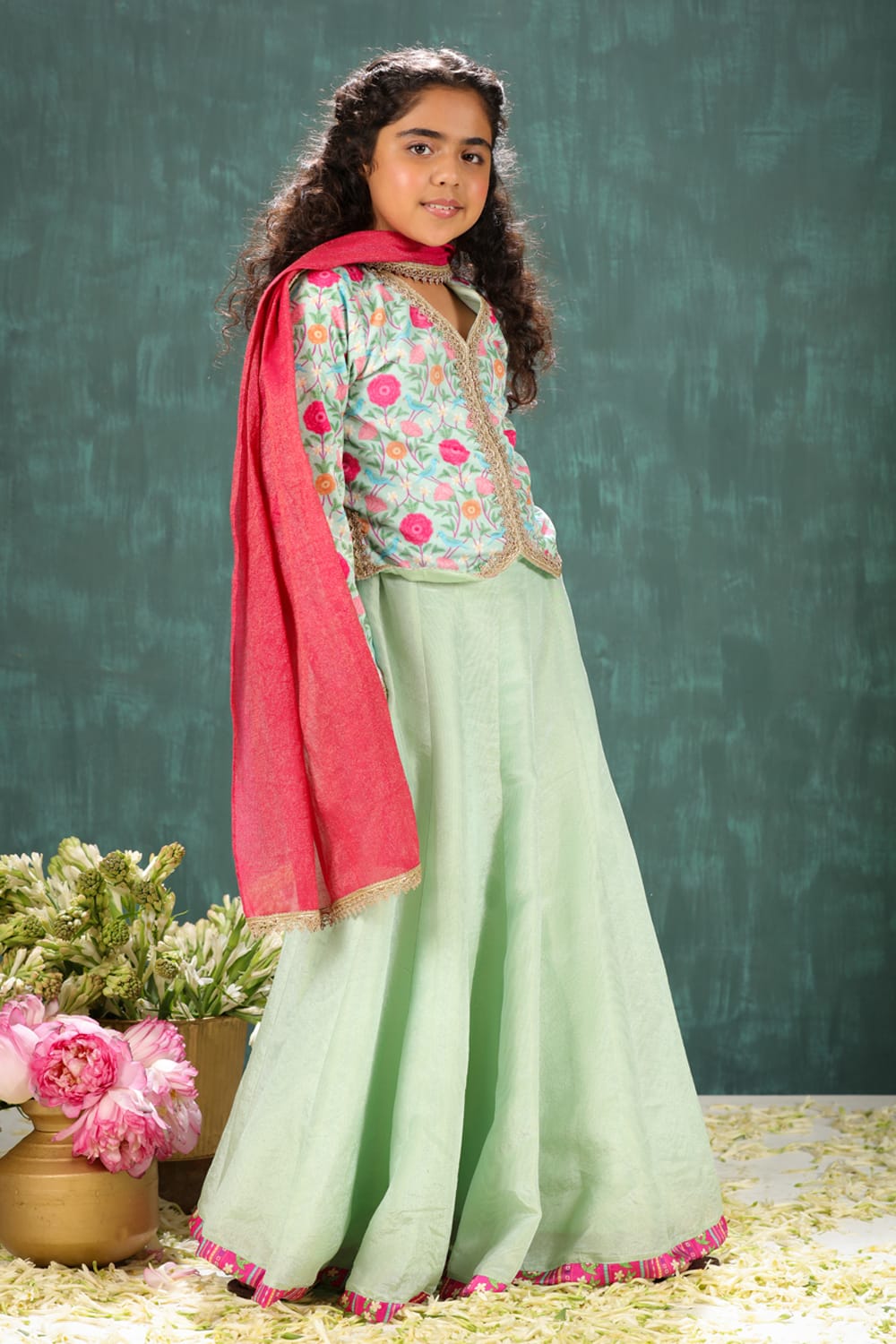 Waist Coat Style Velvet Print Blouse With Tisuue Lehenga Set – Green Kids Lehenga Set | PNK – Isha Arora India