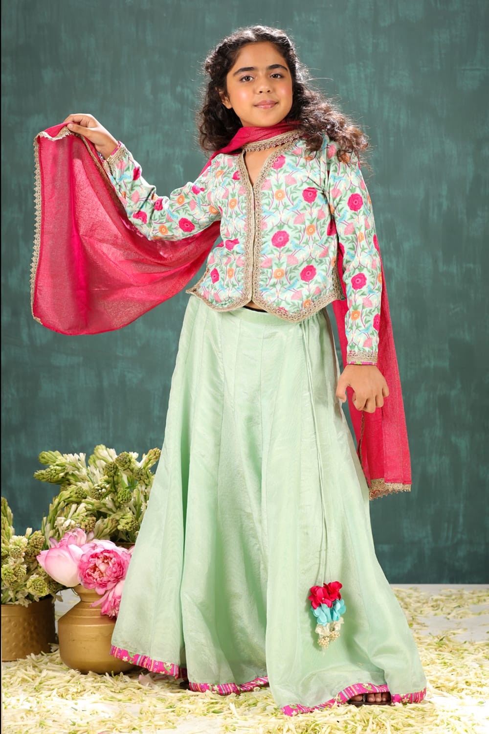 Waist Coat Style Velvet Print Blouse With Tisuue Lehenga Set – Green Kids Lehenga Set | PNK – Isha Arora India